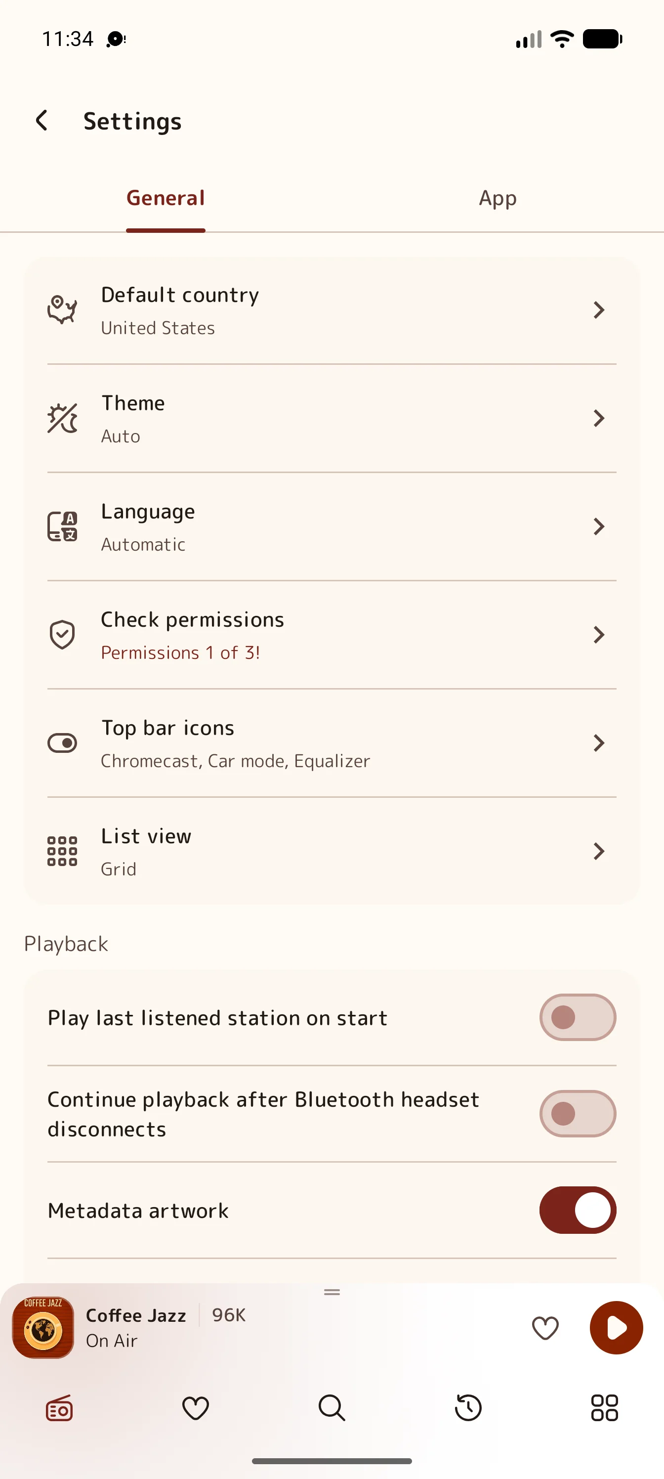 Jazz Radio Blues and Soul Android settings