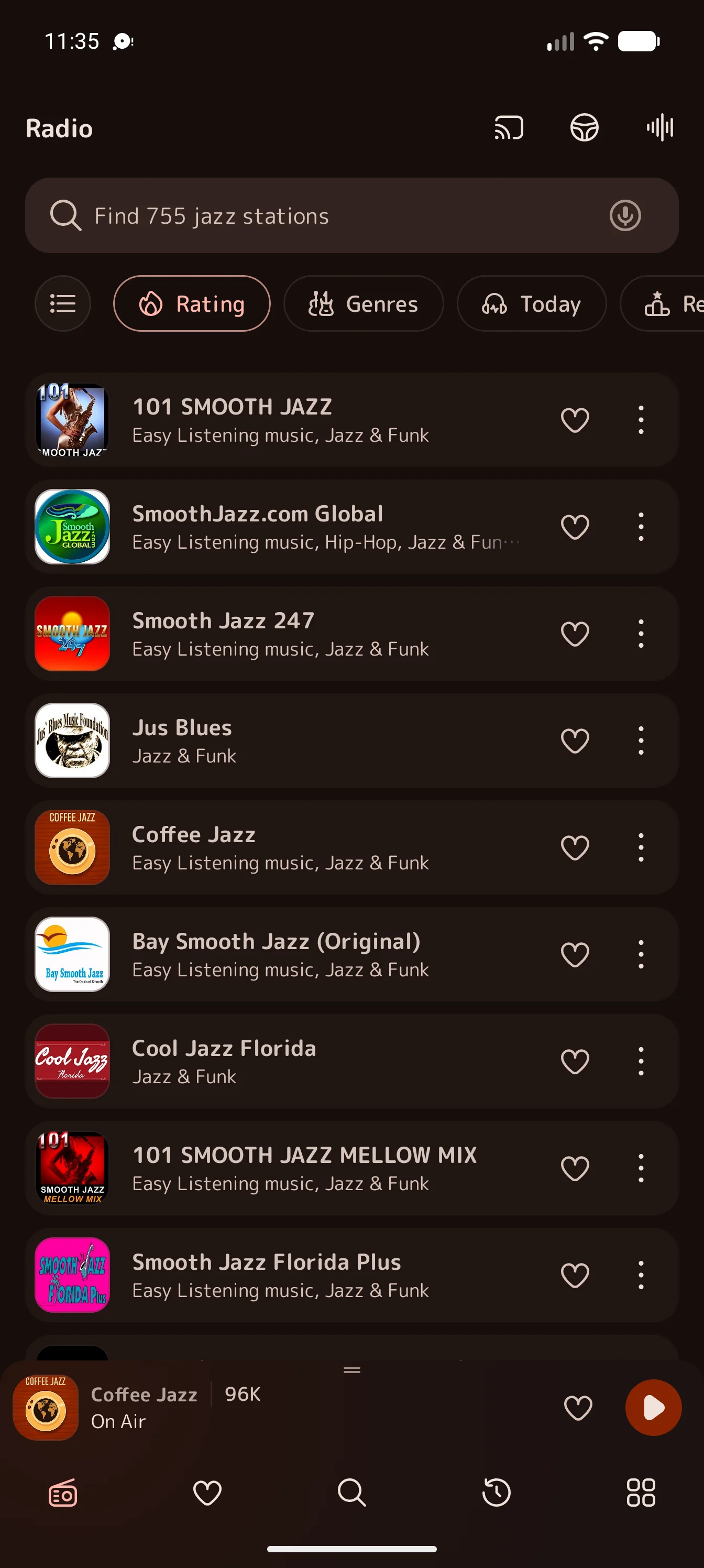 Jazz Radio Blues and Soul dark theme station list